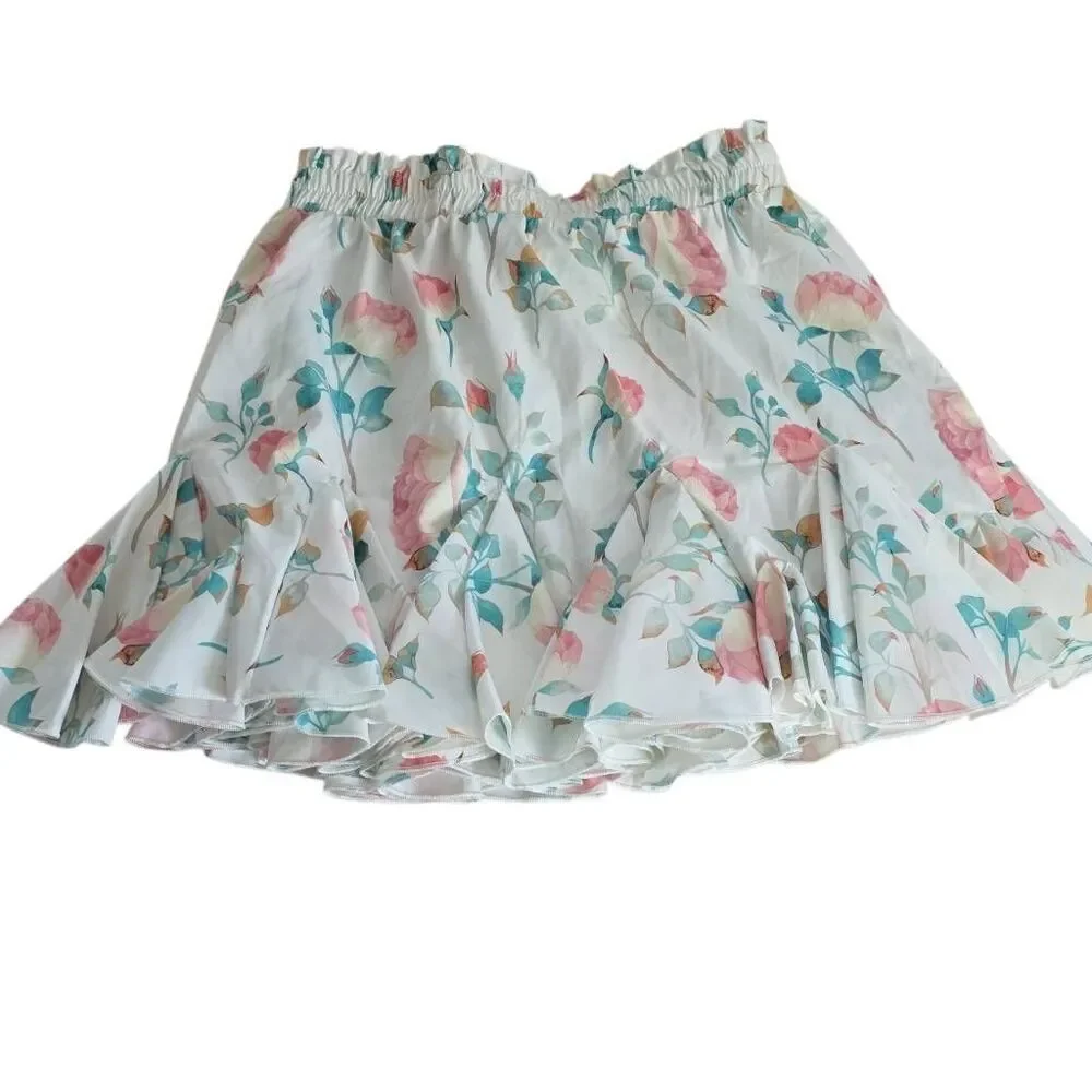 Shein Girl's Size 10 White Pink Green Rose Print Ruffle Skirt